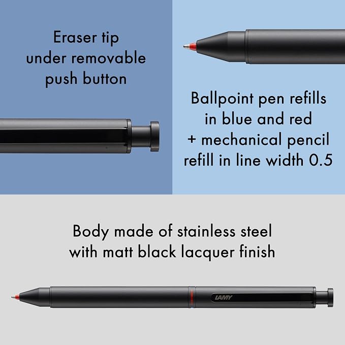 Lamy st black tri pen Multifunctional pen – slim stainless steel mechanical pencil & ballpoint pen in one – includes M 21 ballpoint refill in blue and red & M 41 fine-line refill (0.5 mm)