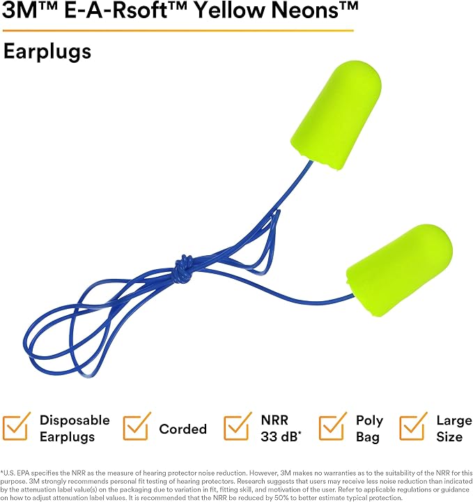 3M Ear Plugs, E-A-Rsoft Yellow Neons 311-1251, 200 Pair of Disposable Earplugs, Pairs Individually Wrapped, Slightly Longer, Corded, 33 NRR, Tapered Cylinder Shape, Slow Recovery Foam