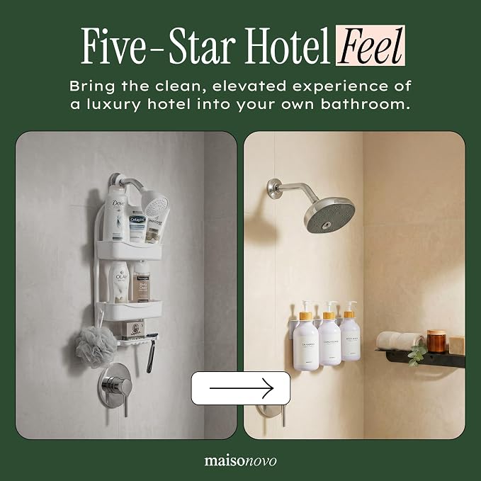 Shampoo and Conditioner Dispenser Wall Mounted Set of 3 White Bamboo - No Drill Shower Soap Dispenser for Bathroom Refillable - Spa Hotel Style Accessories by MaisoNovo