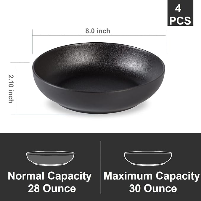 30oz Ceramic bowls set of 4-8" serving bowls for Kitchen,Pasta,Salad-Dishwasher & Microwave Safe Perfect for Housewarming, Thanksgiving, Christmas-Matte Black