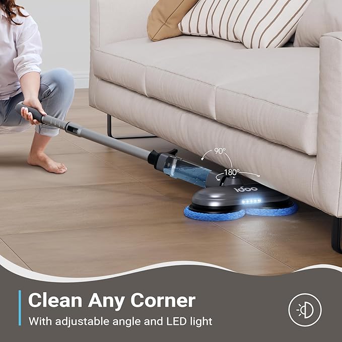 iDOO Cordless Electric Mop, Rechargeable Spin Mop with Water Spray & LED Headlight, Quiet Self Propelled Floor Cleaner, Lightweight Floor Scrubber for All Floors