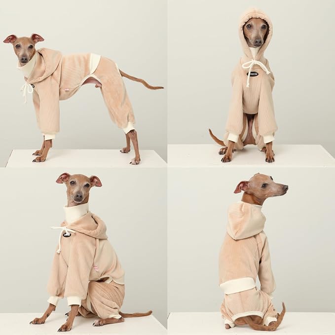 D Doggy Star Italian Greyhound Clothes, Corduroy Velvet Hooded Jumpsuit, Stretchy and Cozy (XL,Hoodie Beige)