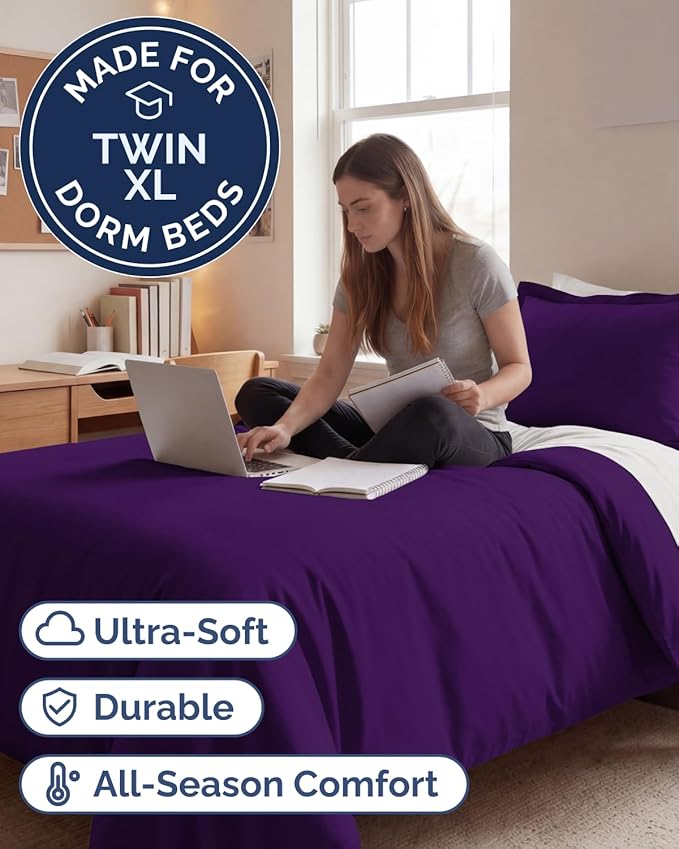 Duvet Cover Twin/Twin XL Size Set - Extra Soft Twin/Twin XL Duvet Cover 68" x 90" with 1 Pillow Sham for Women, Men, Kids & Teens - Comfy, Easy-Care & Fade Free with Zipper Closures and Ties (Purple)