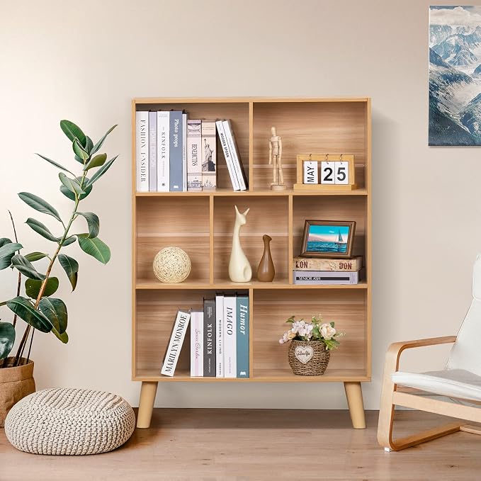 LEYAOYAO 5 Cube Bookshelf, Mid-Century Modern Book Shelf with Legs, Natural | 3 Tier Bookcase, Rustic Wood Bookshelves Freestanding Small Storage Organizer, Open Shelves for Bedroom, Living Room, Office