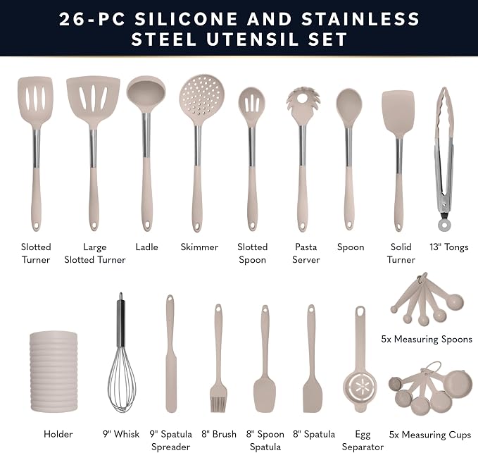 Home Hero Silicone Kitchen Utensils Set - Heat Resistant Non-Scratch Cooking Utensils - Ergonomic Silicone Spatula Set - Dishwasher Safe Kitchen Tools - 26 Piece, Stone