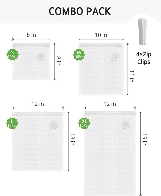 Syntus 40 Pcs Reusable Vacuum Sealer Bags for Food, S+M+L+XL | 8x8+10x11+12x13+12x19, Upgraded Air Valve, Microwave Freezer Sous Vide, Food Storage, Leak-Proof, for Compact Vacuum Sealer