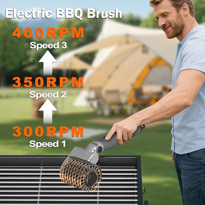 Electric Grill Brush, BBQ Grill Cleaner with 3 Heads, 3-Speed & Angle Adjust Cordless Rotary Grill Brush, IP67 Waterproof, 150Mins & 58W Motorized Grill Cleaning Brush Kit with 5200mAh Battery