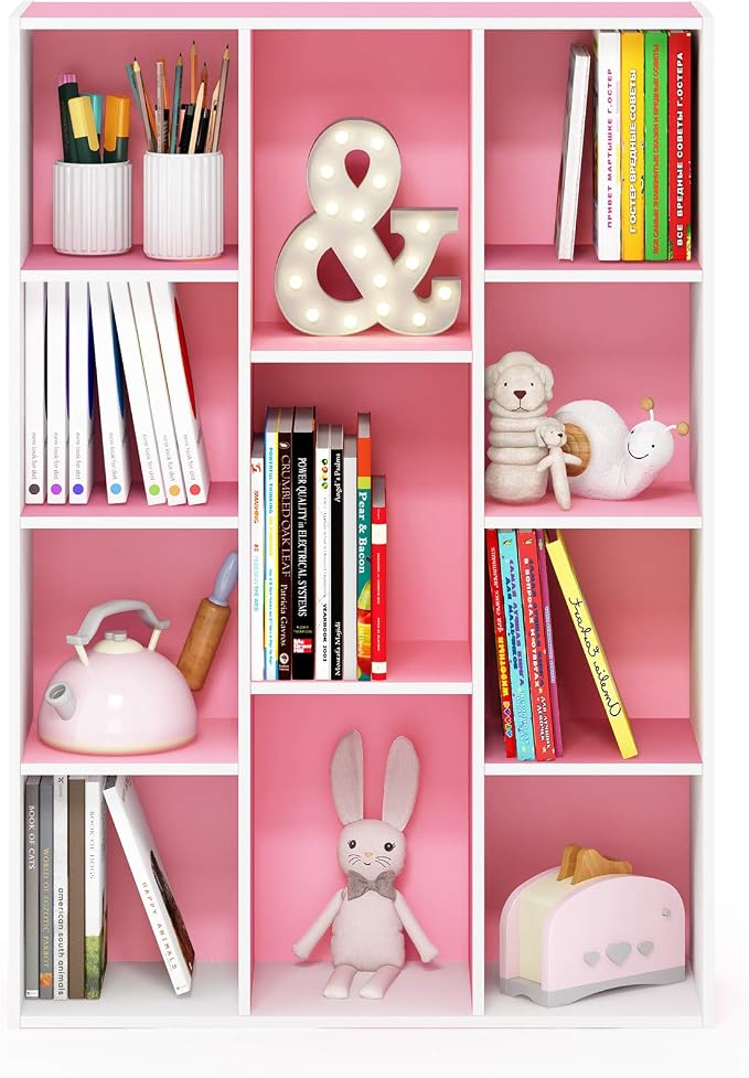 Furinno LUDER Book Shelf, 11-Cube Bookshelf, Reversible Bookcase, 9.4 x 29.1 x 41.7, Easy Assembly, for Living Room, Bedroom, Home Office, White/Pink