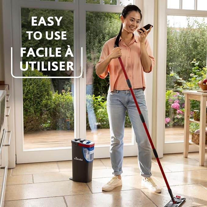 Vileda H2prO Flat Mop & Bucket Set | Cleans floors, walls & baseboards | Keeps clean & dirty water separate | Compact | Washable microfiber mop head