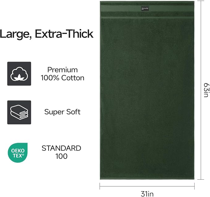 REDKISS Large Bath Towels Set 2 Piece, 100% Cotton, 31x63 in,Heavyweight 760GSM, Highly Absorbent & Quick Dry, Super Soft Luxury Towels for Bathroom,Hotel Collection - Green