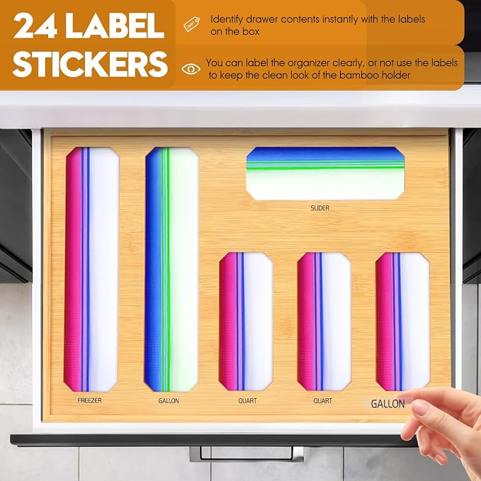 Bamboo Ziplock Bag Organizer for Kitchen Drawer & Wall Mount, Food Storage Baggie Holder, Fits Gallon Quart Sandwich Snack Freezer & Slider Bags, No Assembly, 6 in 1,Natural Color