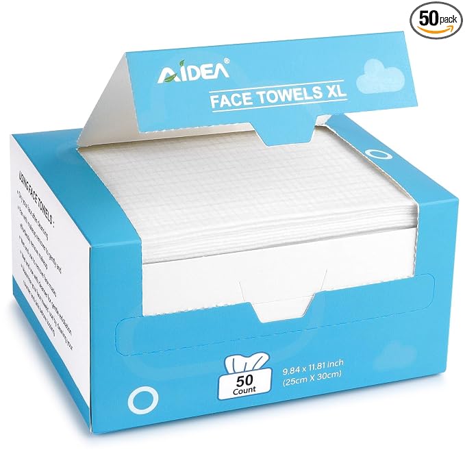 AIDEA XL Face Towels 50Ct, Disposable Towelettes Face Cloths, 9.84"×11.81" | Facial Cleansing Wipes, Face Towelettes for Makeup Removing, Nursing, Travel, Dry Wipes