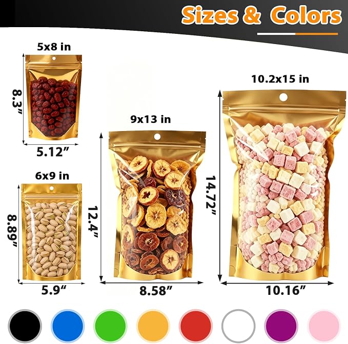 100 Pcs Mylar Bags for Food Storage, 10x15 Mylar Bag with Window Stand Up, Large Holographic Resealable Bags Smell Proof Bag Food Packaging for Small Business Freeze Dried Candy Jewelry Foil Packaging