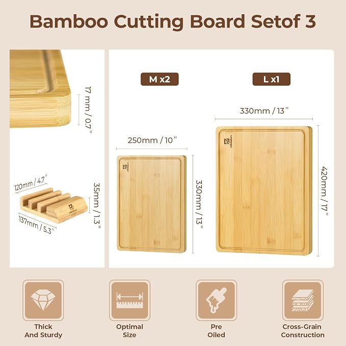 Large Bamboo Cutting Boards Set of 4 for Kitchen, Bamboo Charcuterie Chopping Board with Holder Non Slip, Steak Serving Tray with Juice Groove, Big Butcher Block for Cheese, Ideal for Gift