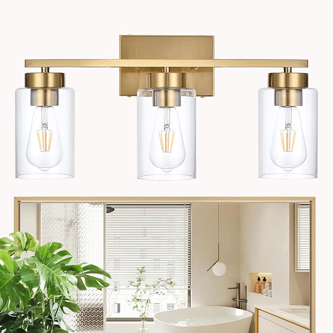 3-Light Bathroom Vanity Light, Modern Brushed Gold Wall Lights with Clear Glass Shades, Bathroom Wall Sconce Lamp for Mirror Living Room Bedroom Hallway
