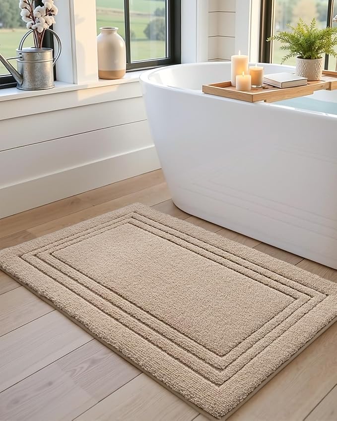 DEXI Bath Mats Bathroom Rug Non Slip Bathmat, 43x24 Beige | Large Soft Microfiber Carpet, Washable, Absorbent Quick Dry for Shower Floor Sink