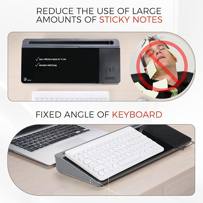 TOWON Glass Desk Whiteboard with Wireless Charger, Desktop Dry Erase Board with Storage & Phone Stand – Compact ~16 x 7 in, Black – Includes Marker & Eraser, Tempered Glass, Rewrite Reusable