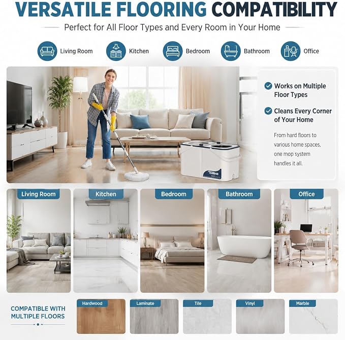 RinseWise Large Gen 1 Spin Mop and Bucket with Wringer, 2 Gal Clean Water Capacity, 4-Chamber Clean & Dirty Water Separation, 4 Swivel Wheels, 61" Handle, 6 Mop Heads for Hardwood & Tile Floors