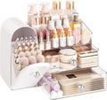 Delamu Makeup Organizer for Vanity with Closed Brush Holder, Large Bathroom Counter Organizer with Drawers, Skincare Organizers for Countertop, Storage Perfume Cosmetic Beauty, Girl Gifts (White)