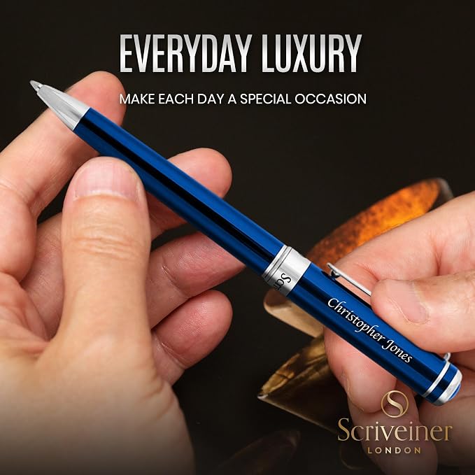 Scriveiner Personalized Midnight Blue Ballpoint Pen - Stunning Blue Lacquer Luxury Pen, Chrome Finish, Schmidt Ink Refill, Best Engraved Ball Point Gift Set for Men & Women, Custom Name Engraving
