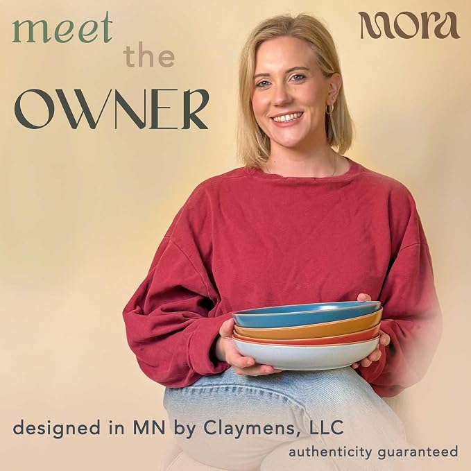 Mora Ceramic Artisan Matte Large Pasta Bowls 30oz, Set of 4 - Serving, Salad, Dinner, etc Kitchen Plate/Wide Bowl - Microwave, Oven, Dishwasher Safe - Modern Porcelain Stoneware Dishes, Marina Colors