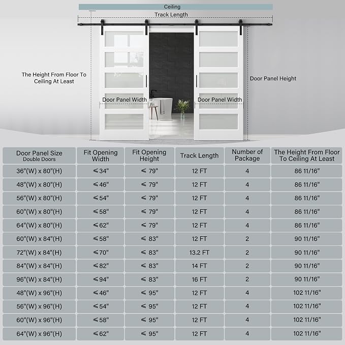 72" x 84" Double Barn Doors and Hardware Kit & 13.2FT Track, Handle, Floor Guide, Paintable & Pre-Drilled Glass Barn Door, Water Resistant Sliding Door for Bathroom Closet, Easy Assembly, Silent Slide