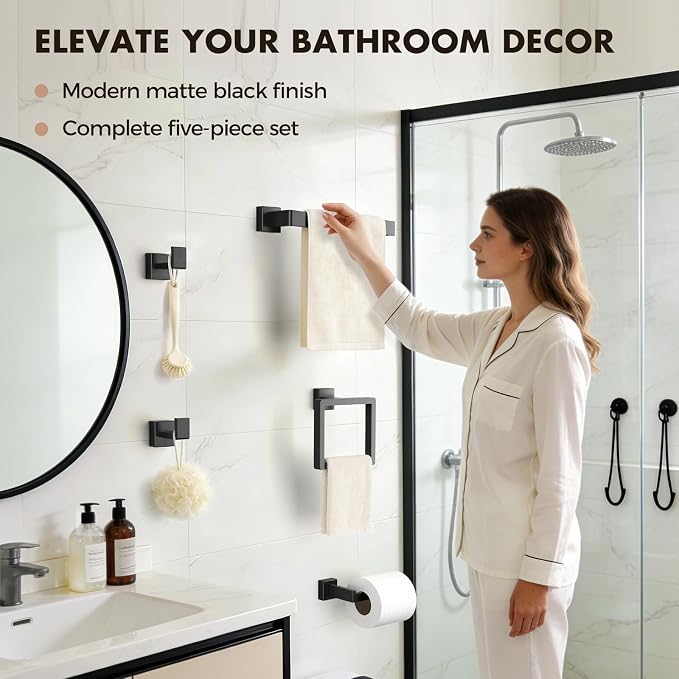 Bathroom Accessories Towel Bar Set: 15 Pieces Matte Black Bathroom Hardware Square SUS304 Stainless Steel - Wall Mounted Towel Rack&Toilet Paper Holder&Towel Ring and Towel Hook