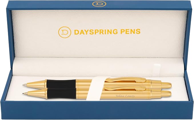 Dayspring Pens Monroe 18K Gold Pen and Pencil Set, Custom Engraved, Click Action, Medium Point Black Ink, Gift for Graduation, Birthdays, Career Advancement, New Job, Gifting Case Included