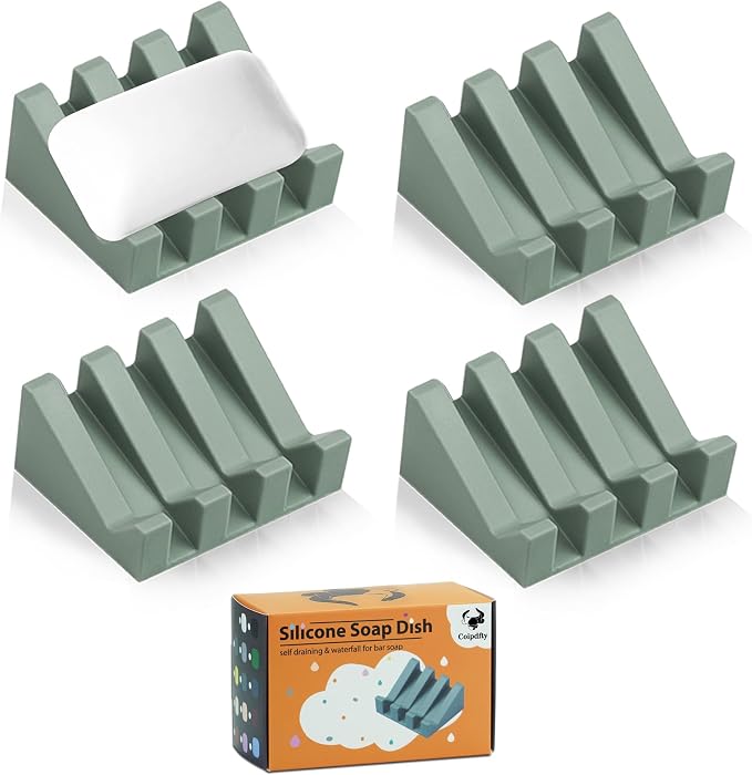 Self Draining Soap Dish Holder,Silicone Soap Dish,for Bathroom,Kitchen, Sponges，Can Extend Soap Life，Keep Soap Bars Dry and Easy Cleaning (N-Green,4-Pack)