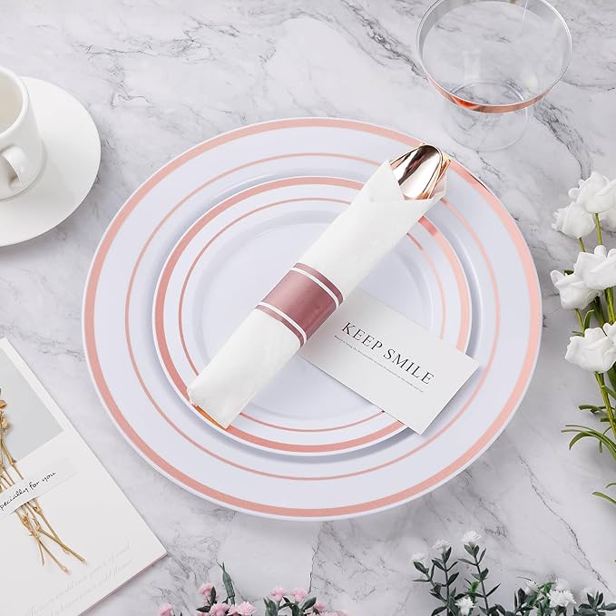 BESTVIP 700PCS Rose Gold Plastic Dinnerware Set, Disposable Party Plates for 100 Guests, Include: 200 Plastic Plates, 100 Pre Rolled Napkins with Rose Gold Silverware, 100 Cups for Christmas