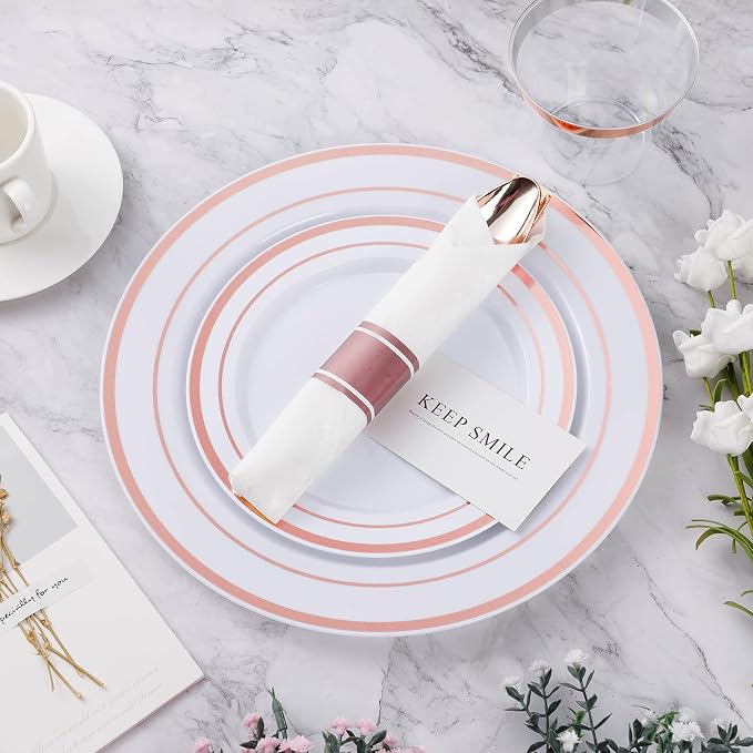 BESTVIP 350PCS Rose Gold Plastic Dinnerware Set, Disposable Party Plates for 50 Guests, Include: 100 Plastic Plates, 50 Pre Rolled Napkins with Rose Gold Silverware, 50 Cups for Christmas, Halloween