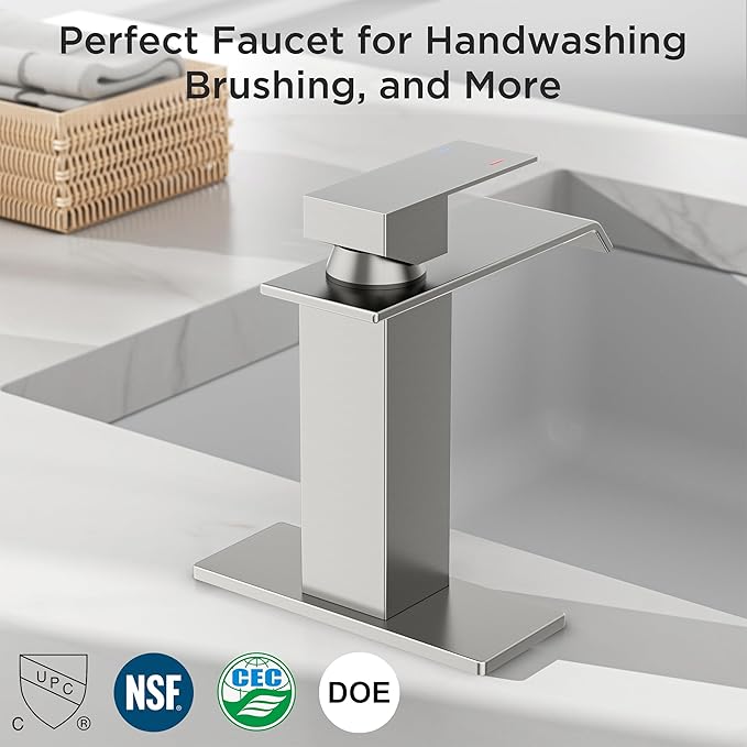 FORIOUS Bathroom Faucet Brushd Nickel Modern Waterfall Bathroom Sink Faucet 1 or 3 Hole Single Handle with Deck Plate and Drain, Suitable for Vanity Rv Camper Commerical