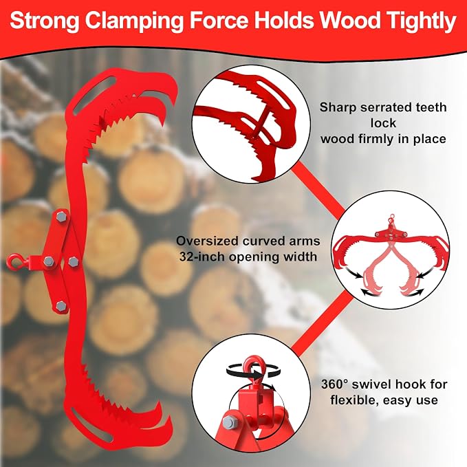 Log Lifting Tongs 32 Inch - 2700LBS Load Capacity Heavy Duty Log Grapple with 4 Serrated Claw Hooks & Handles, Logging Tongs for Tractors, Trucks, Forklifts, Red
