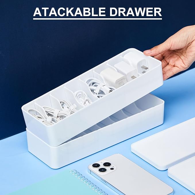 Tatuo 2 Pcs Cable Organizer Box with Wire Ties, Plastic Cord Storage Box with Lid, Electronics Organizer for Home Office Desk Organizers and Accessories (White)