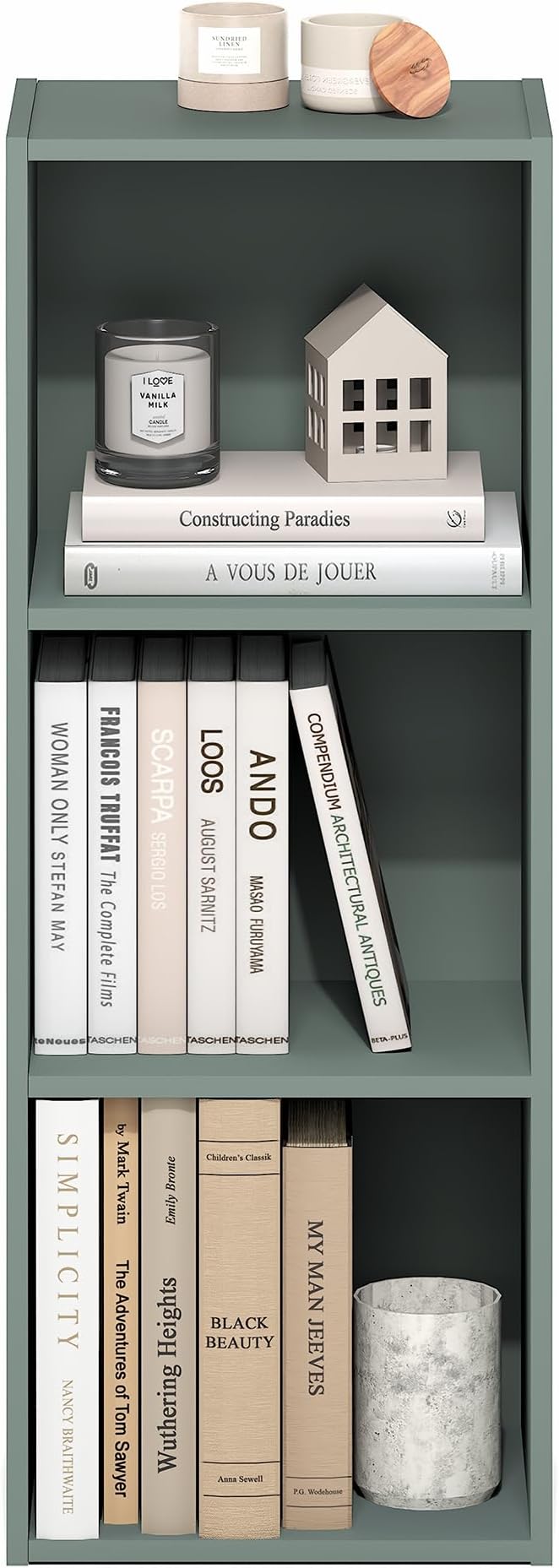 Furinno LUDER Book Shelf, 3-Cube Bookshelf, Bookcase with Open Shelves, 9.3 x 12 x 31.5, Easy Assembly, for Living Room, Bedroom, Home Office, Sage Green