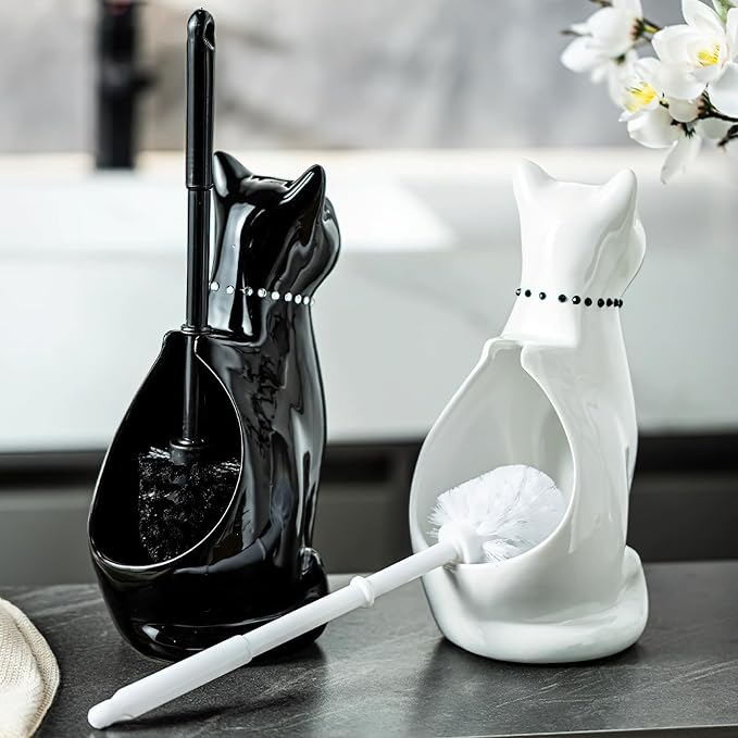 Cat Toilet Brush Holder - Ceramic Whimsical Feline Design with Wide-Mouth Storage, Black Toilet Bowl Brush and Holder Set Cute for Bathroom Ground, Easy-Clean Cat Lover Gift (Black)