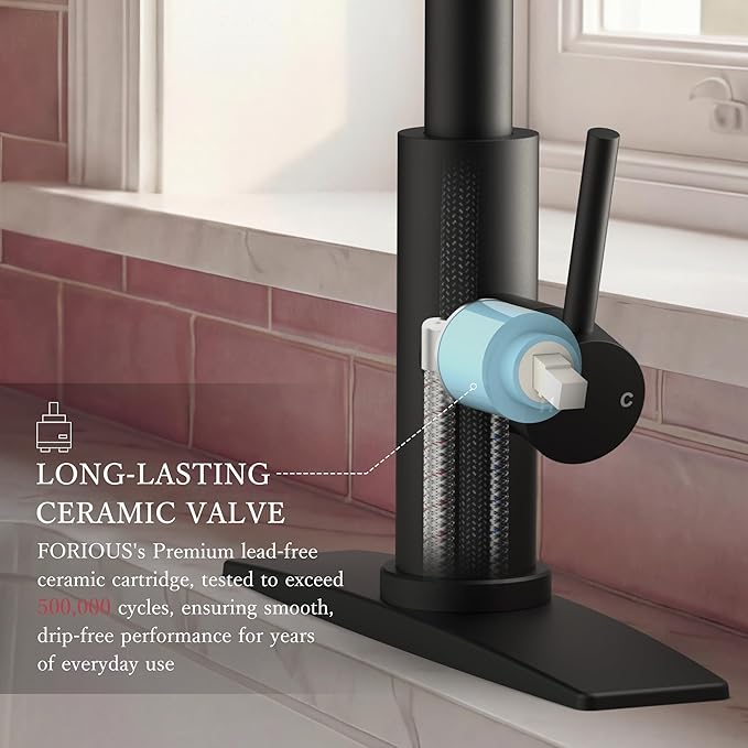 FORIOUS Kitchen Faucet with Hidden Pull Down Sprayer, Black Single Handle | Lead-Free, Stainless Steel, High Arc Sink Faucet with Deck Plate, 1 or 3 Hole Mount for Bar RV Outdoor Laundry Farmhouse