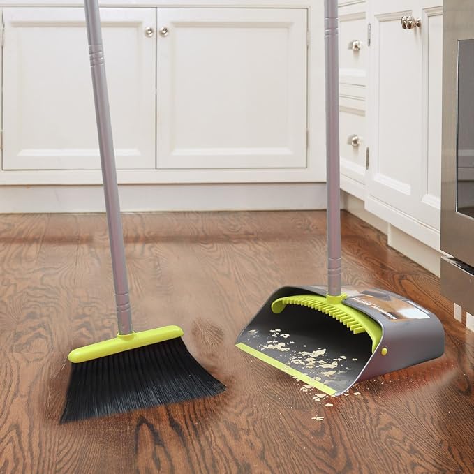 TreeLen Broom and Dustpan Set, TreeLen Broom with Dust Pan with Long Handle Combo Set for Office and Home Standing Upright Sweep Use with Lobby