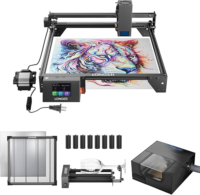 Longer RAY5 20W Laser Cutter and Laser Engraver for Tumblers, Rotary Roller Bundle, 17.3"x 17.3" Working Bed, Enclosure with Vent, and Air Pump Laser Engraver for Wood and Metal, Acrylic