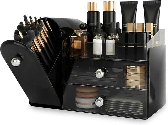 lurcns Makeup Organizer with Dustproof Brush Holder for Vanity, Large Cosmetics Organizer and Bathroom Countertop Skincare Storage with 2 Clear Drawers for Lipstick, Perfume, Eyeshadow Palettes,Black