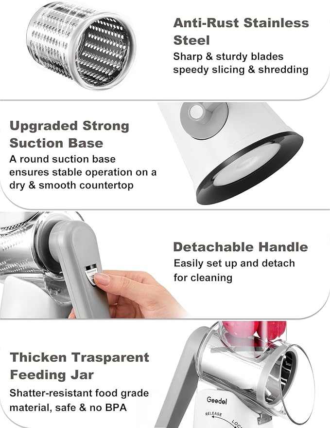 Geedel Rotary Cheese Grater Vegetable Shredder With 6 Interchangeable Blades No Slip Suction Base, Mandoline Slicer & Food Chopper for Cheese, Ice, Nuts, Vegetables, Veggie