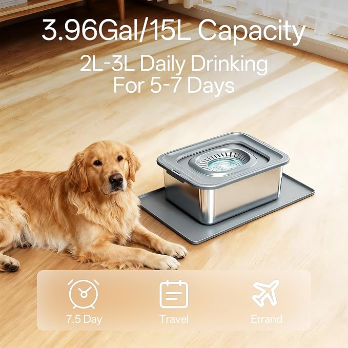 15L/3.96 Gal Large Dog Water Bowl No Spill Stainless Steel | Pet Water Bowl for Messy Drinkers, Anti-Slip XXL Silicone Mat, Floating Disk & Dual Filtration