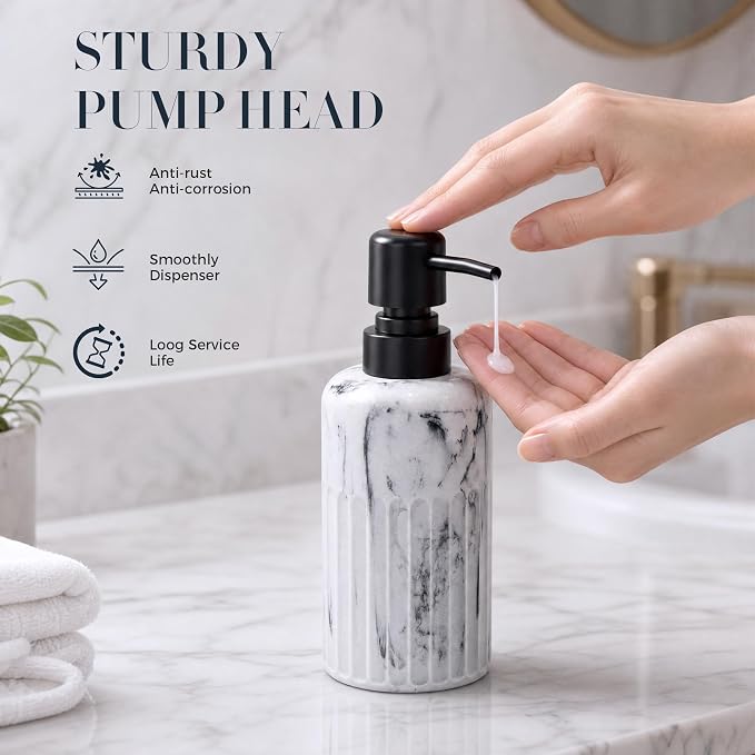 INIUNIK Bathroom Accessory Set, 6 Pieces, Marble White | Resin, Bathroom Accessories Set, with Soap Dispenser Set, Toothbrush Holders, Tumbler, Vanity Tray & 2 Qtip Holder