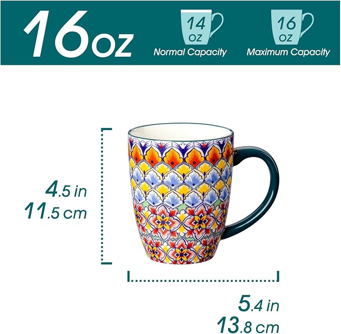 vancasso SIMI 16 oz Large Coffee Mugs Set of 6 – Bohemian Ceramic Cups with Handle, Perfect for Latte, Tea, Hot Chocolate, Dishwasher & Microwave Safe Ideal Gift