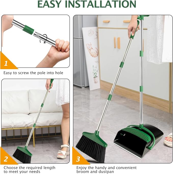 Broom and Dustpan Set with Long Handle, Light Weight Stainless Steel Poles Stand Upright Dustpans with Broom Combo for Home Kitchen Office Pet Dog Hair, 1-Pack(Black Green)