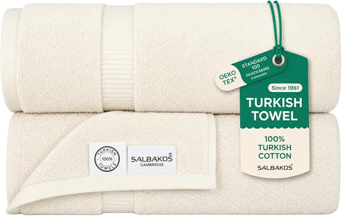 SALBAKOS 2-Piece 100% Turkish Cotton Bath Towels, Extra-Large 35x70, Ivory | Oversized Bath Sheet Towel for Bathroom & Beach, Thick, Super Soft, Highly Absorbent, Premium Hotel Quality, Made in Turkey