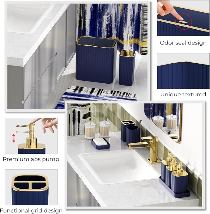 Bathroom Set - Bathroom Accessory Set, Navy Blue Bathroom Set, 26PC Bathroom Sets with Shower Curtain and Rugs, Toilet Brush, Trash Can, Qtip Holder & Bathroom Soap Dispenser Set