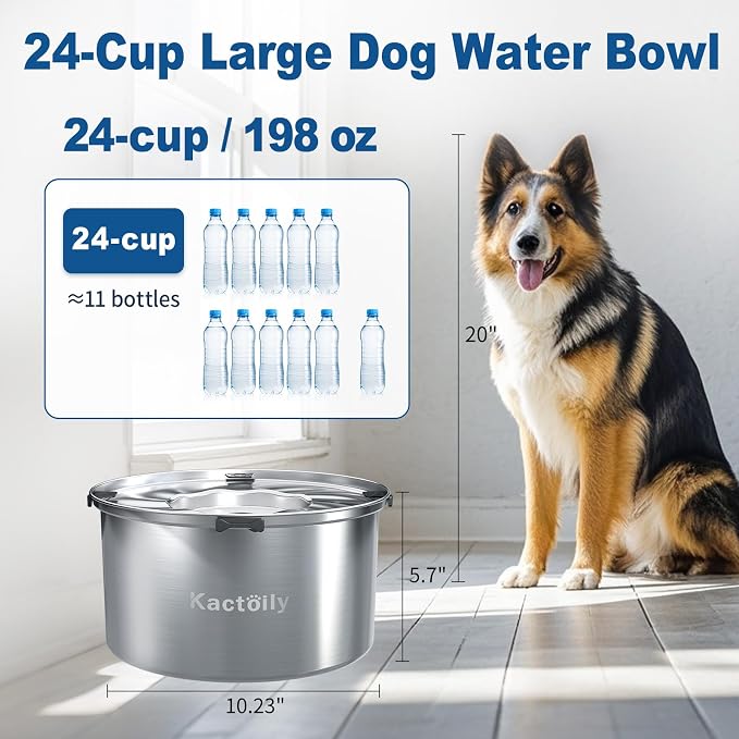 1.47 Gal Stainless Steel No Spill Water Bowl for Large Dogs | 5.6L Large Slow Drinking Dog Water Bowl with Floating Disk, Spill Proof Dog Water Bowl for Messy Drinkers