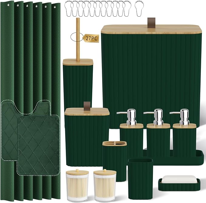 Bathroom Accessory Set - Bathroom Sets with Shower Curtain and Rugs, Green Bathroom Set, 27PC Bathroom Accessories Set, Mini Trash Can, Toilet Brush, Trash Can & Soap Dispenser