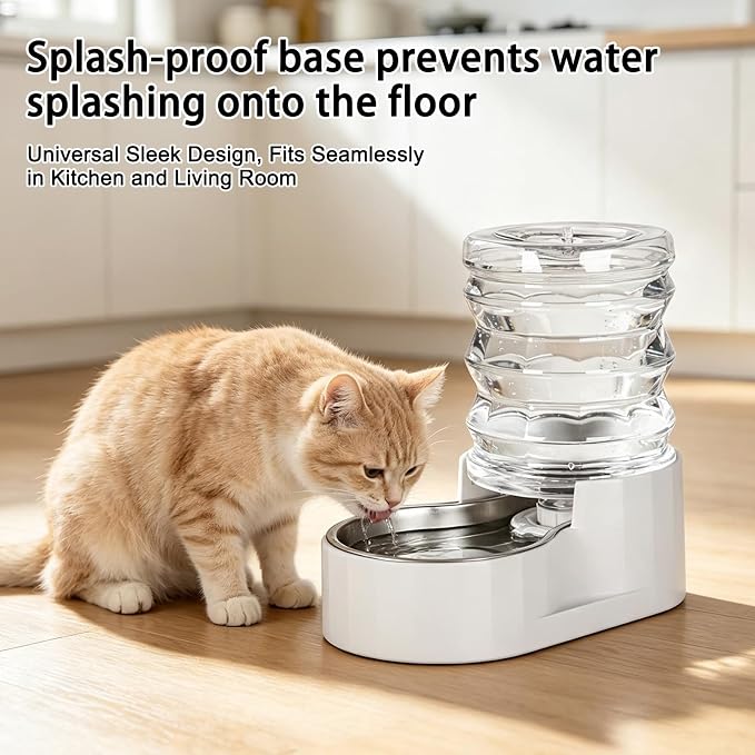 RIZZARI 5L Gravity Cat Water Dispenser: Filtered for Small Pets | Reduced Refills / Stainless Steel Bowl / Anti Splash Base /BPA-Free Materials/ Easy Cleaning / Kitchen Living Room Use